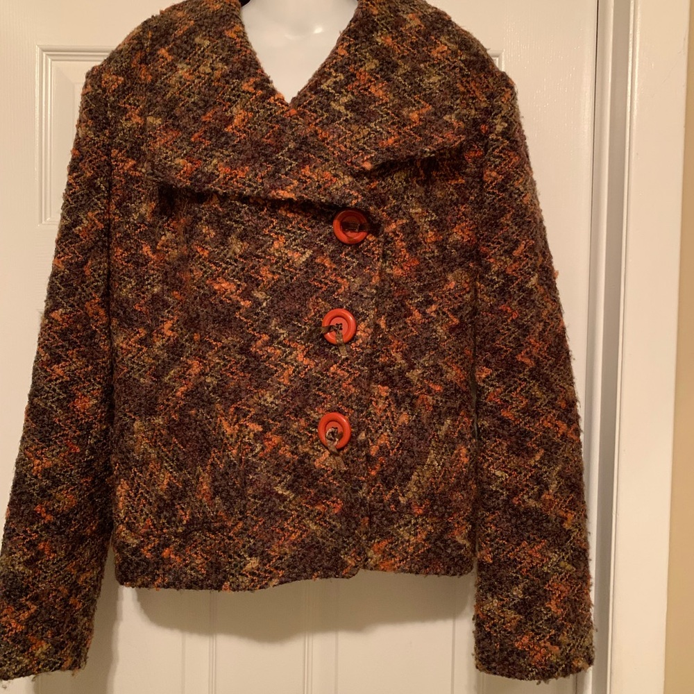 Brown and Orange Boucle Wool Blend Pea Coat with Wide Collar